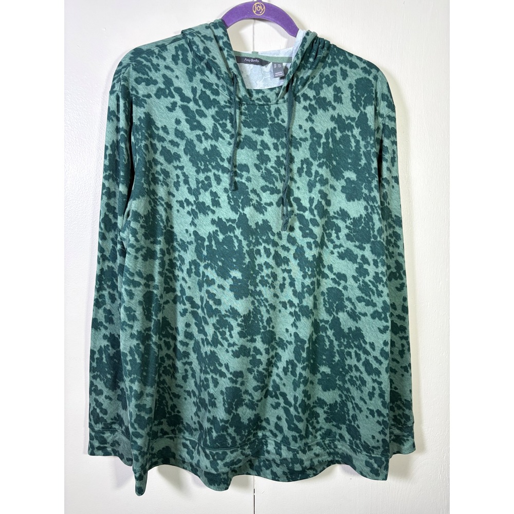 AnyBody Green Abstract Animal Print Hoodie MT Tall Earthy Casual Boho Coastal